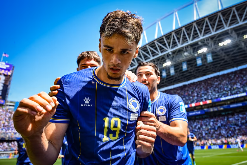 Bosnia and Herzegovina's Kerim Alajbegovic celebrates after scoring during a soccer game between Bosnia and Herzegovina and Qatar, on Wednesday 24 June 2026 in Seattle, the third and last day in the group stage, in group B of the FIFA World Cup 2026 in the United States of America. BELGA PHOTO DIRK WAEM