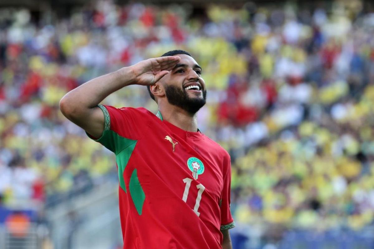 Morocco's midfielder #11 Ismael Saibari celebrates scoring his team's first goal during the 2026 World Cup Group C football match between Brazil and Morocco at the New York/New Jersey Stadium in East Rutherford on June 13, 2026. TIMOTHY A. CLARY / AFP