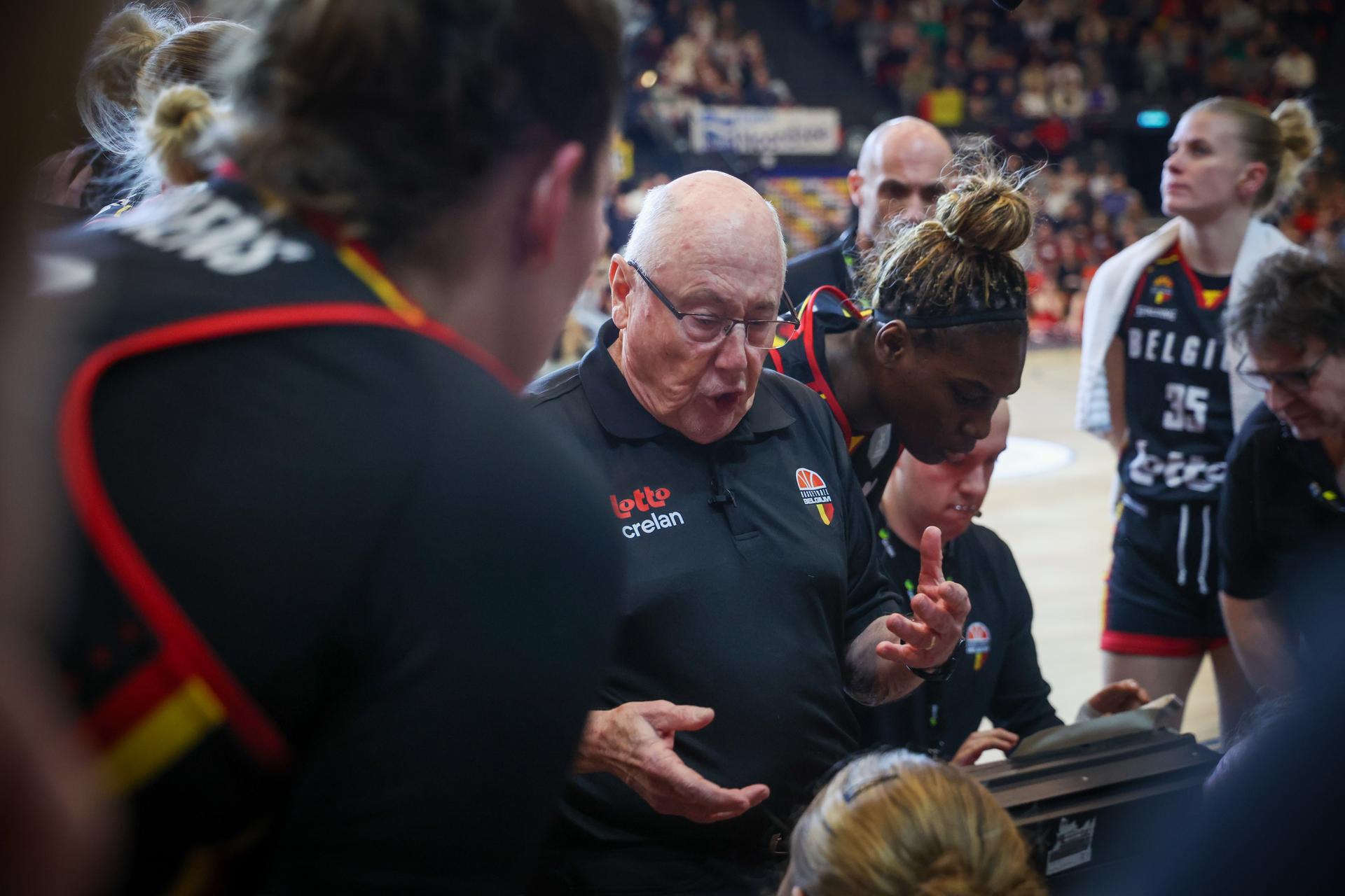 Belgium's head coach Mike Thibault gestures during a basketball game between Belgian national team the Belgian Cats and Azerbaijan, a qualification game (5/6) for the 2025 Eurobasket tournament, on Thursday 06 February 2025 in Oostende, Belgium. BELGA PHOTO VIRGINIE LEFOUR