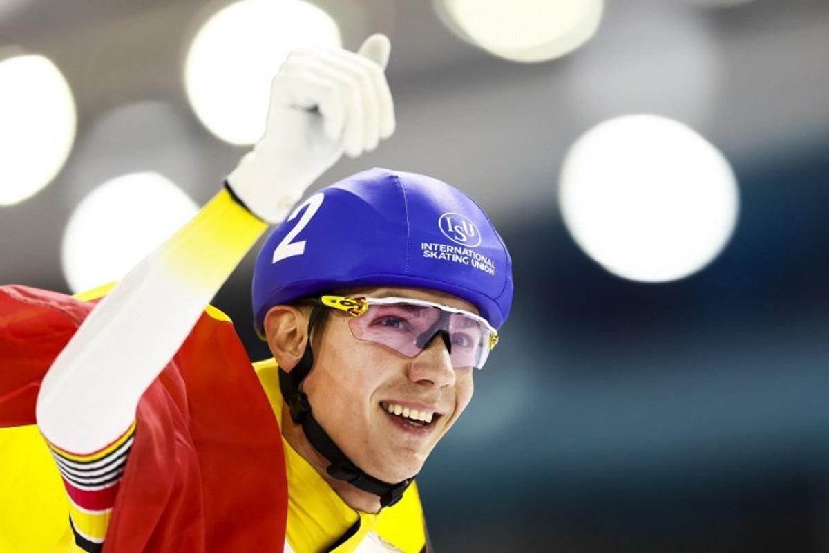 Belgium's Bart Swings reacts after winning the Mass Start men at the European Championship speed skating in Heerenveen on Janurary 7, 2024. Vincent Jannink / ANP / AFP