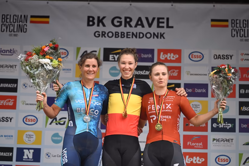 Loes Sels,Nathalie Bex and Marthe Truyen celebrate on the podium of the elite race at the Belgian Gravel Championships, Sunday 16 August 2026 in Grobbendonk. BELGA PHOTO ELIAS ROM