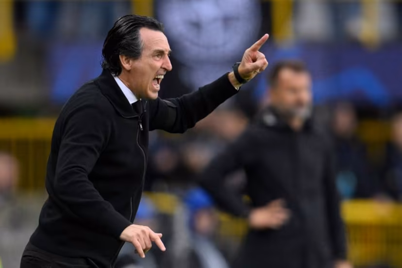 Aston Villa's Spanish head coach Unai Emery reacts from the touch line during the UEFA Champions League - League phase, Matchday 1 - football match between Club Brugge KV and Aston Villa FC at the Jan Breydel Stadium in Bruges on September 8, 2026. JOHN THYS / AFP