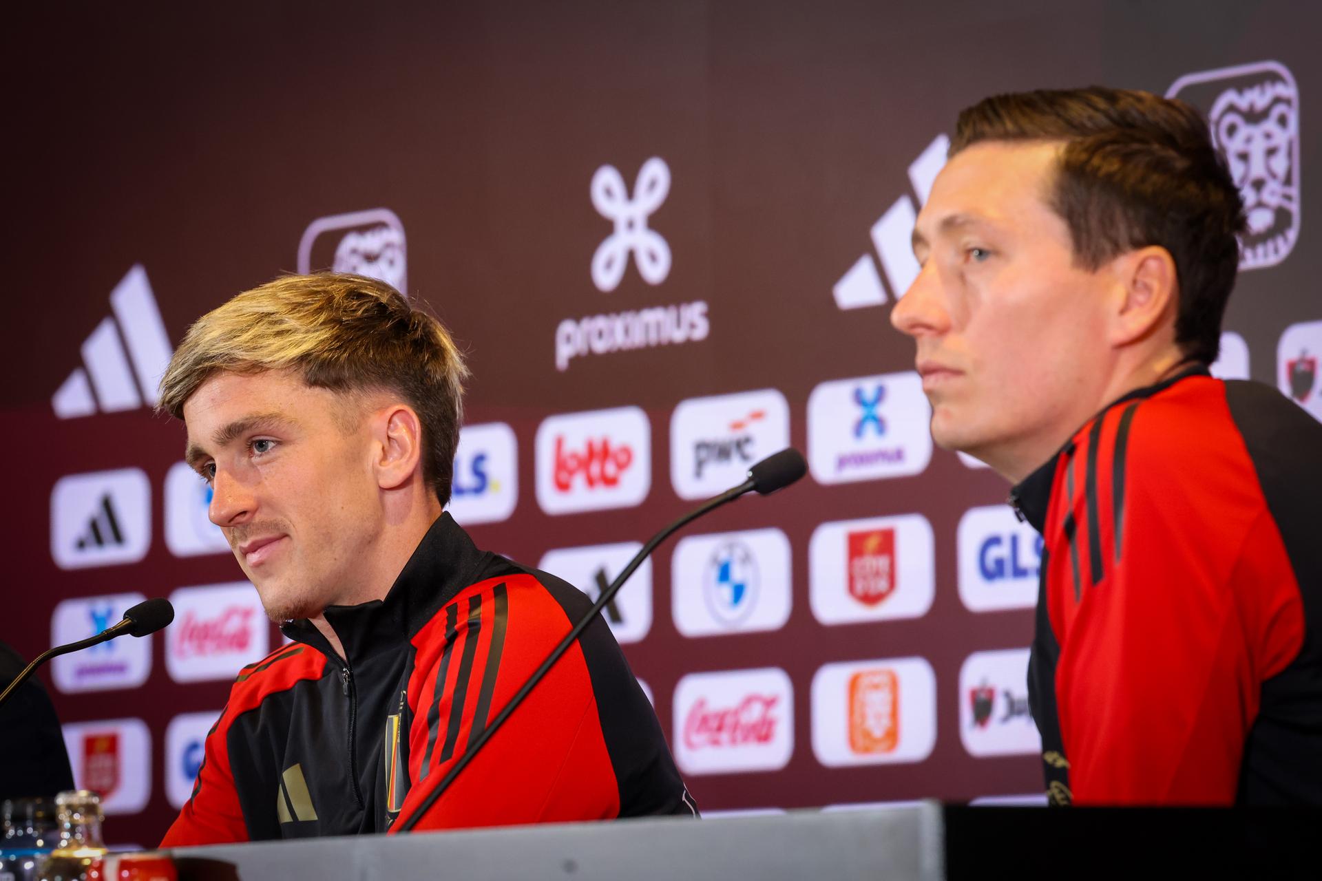 Belgium's Alexis Saelemeakers and Belgium's Hans Vanaken pictured during a press conference of the Red Devils, the Belgian national soccer team, at the Proximus Basecamp in Tubize, Tuesday 03 June 2025. The team is preparing for the World Cup 2026 qualifiers against Northern Macedonia (06/06) and Wales (09/06). BELGA PHOTO VIRGINIE LEFOUR