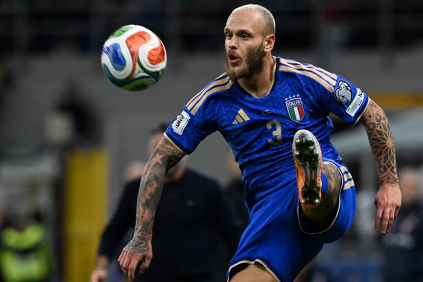 Italy's defender #03 Federico Dimarco controls the ball during the FIFA World Cup 2026 European qualification football match between Italy and Norway, at the San Siro Stadium, in Milan, on November 16, 2025. Stefano RELLANDINI / AFP