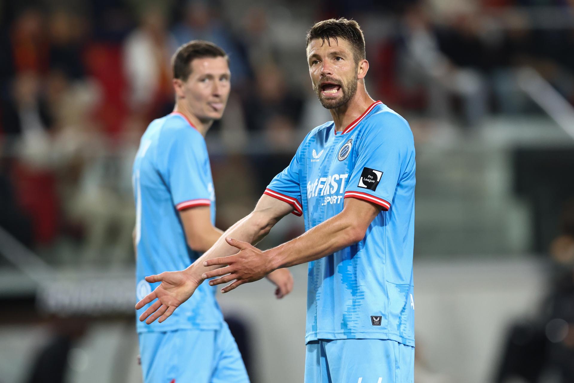 Club's Brandon Mechele reacts during a soccer match between KV Mechelen and Club Brugge, Friday 01 August 2025 in Mechelen, on day 2 of the 2025-2026 'Jupiler Pro League' first division of the Belgian championship. BELGA PHOTO BRUNO FAHY