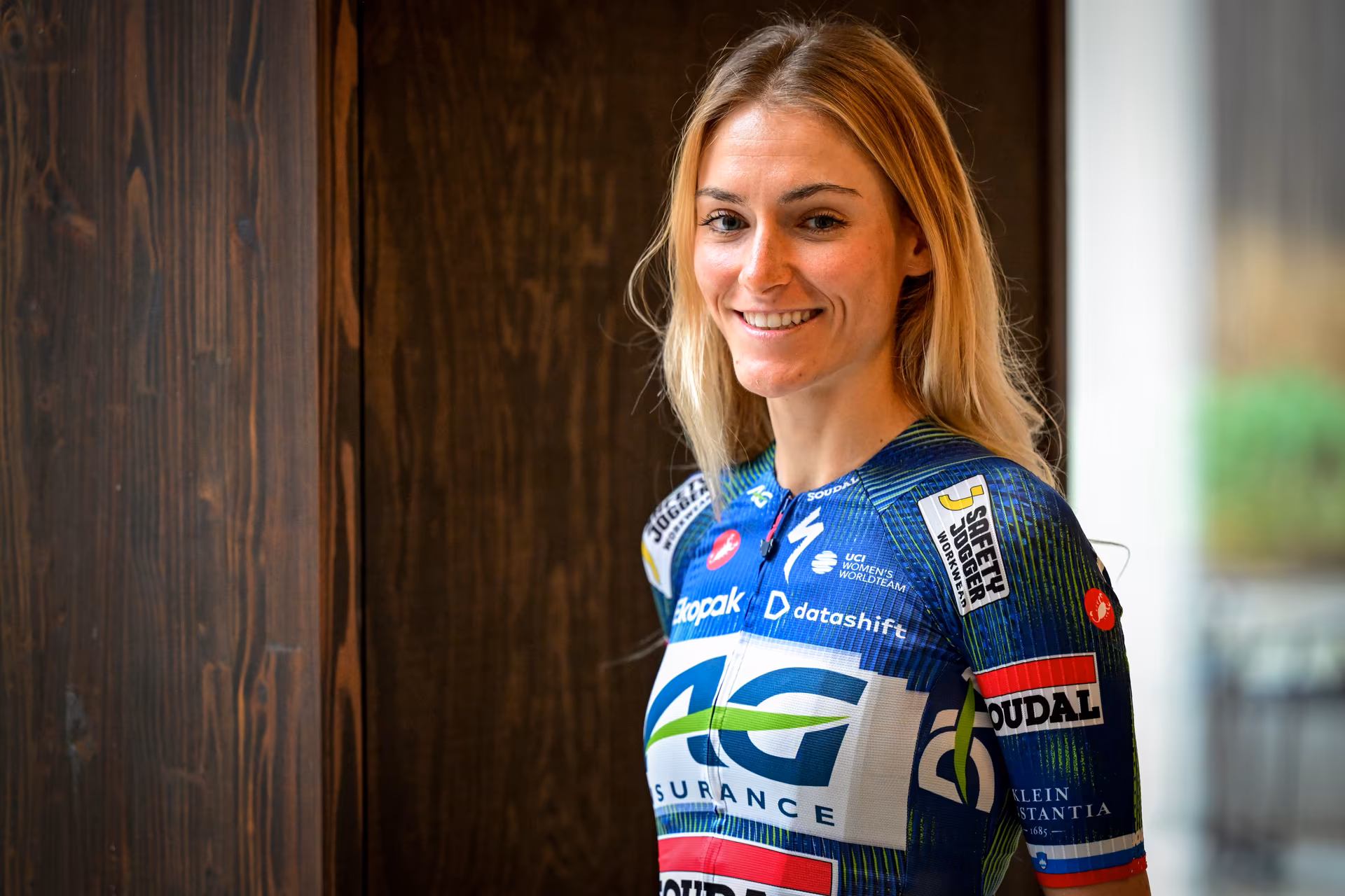 Slovenian Urska Zigart poses for the photographer at the presentation of the AG Insurance-Soudal women's team, on Tuesday 24 February 2026, in Brussels. BELGA PHOTO DIRK WAEM