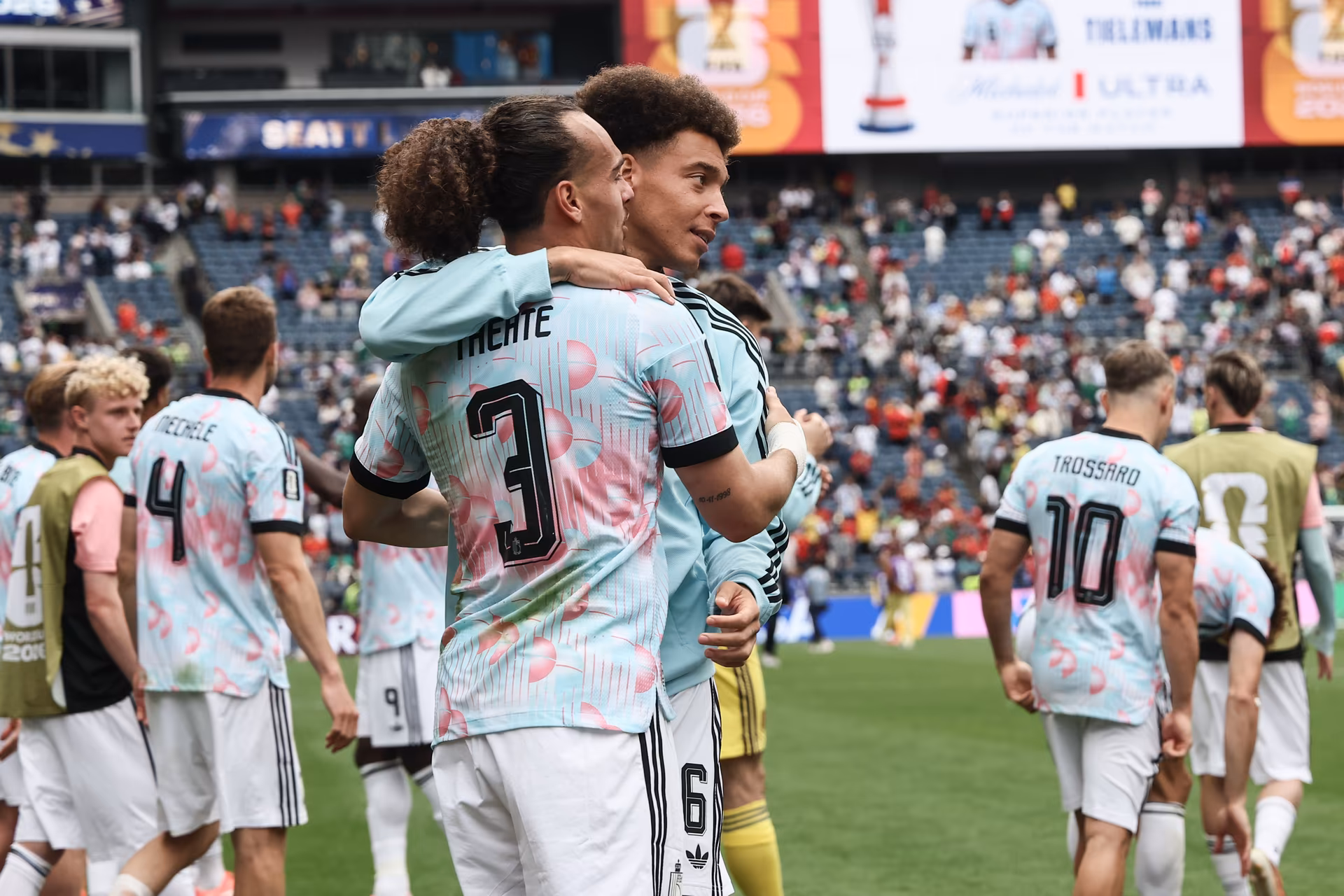 Belgium's Arthur Theate and Belgium's Axel Witsel celebrate after winning a soccer game between Belgian national team Red Devils and Senegal, on Wednesday 01 July 2026, at the Seattle Field, in Seattle, a 1/16 finals game in the FIFA World Cup 2026. BELGA PHOTO BRUNO FAHY