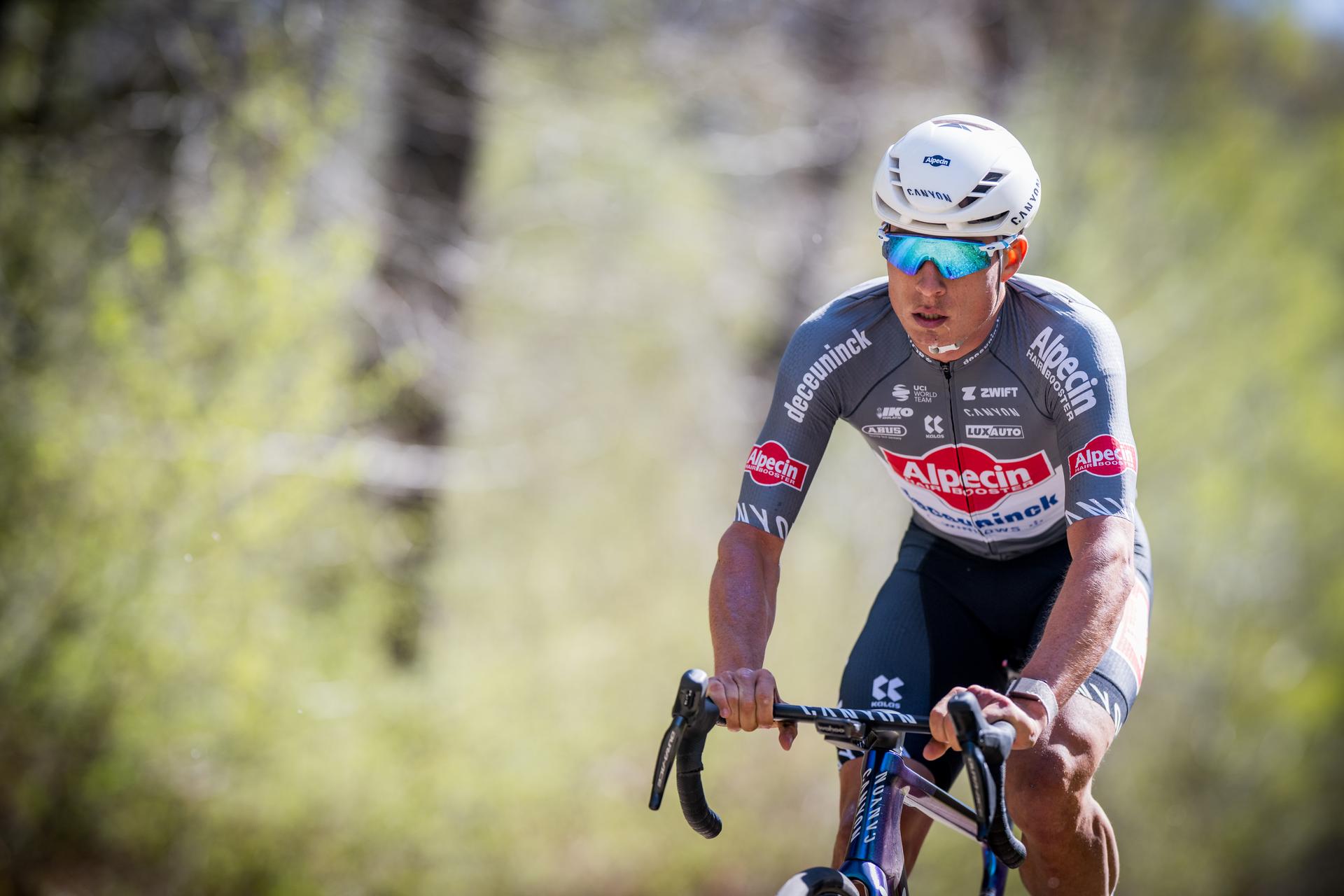 Belgian Jasper Philipsen of Alpecin-Deceuninck pictured in action during the reconnaissance of the track of this year's one-day cycling race Paris-Roubaix, around Roubaix, France, Friday 11 April 2025. BELGA PHOTO JASPER JACOBS