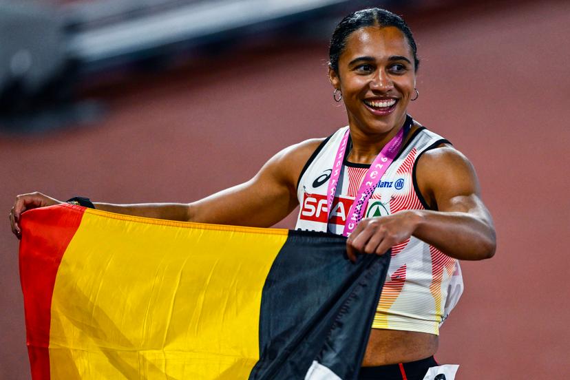 Belgian Delphine Nkansa celebrates with her bronze medal and the Belgian flag after the final of the women's 100m race at the European Athletics Championships (August 10-18) in Birmingham, United Kingdom, on Monday 10 August 2026. BELGA PHOTO ERIC LALMAND