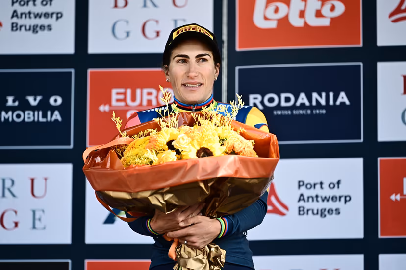 Italian Elisa Balsamo of Lidl-Trek pictured on the podium after the 'Ronde van Brugge' women's elite one-day cycling race, 143,7 km from and to Brugge on Thursday 26 March 2026. BELGA PHOTO MAARTEN STRAETEMANS
