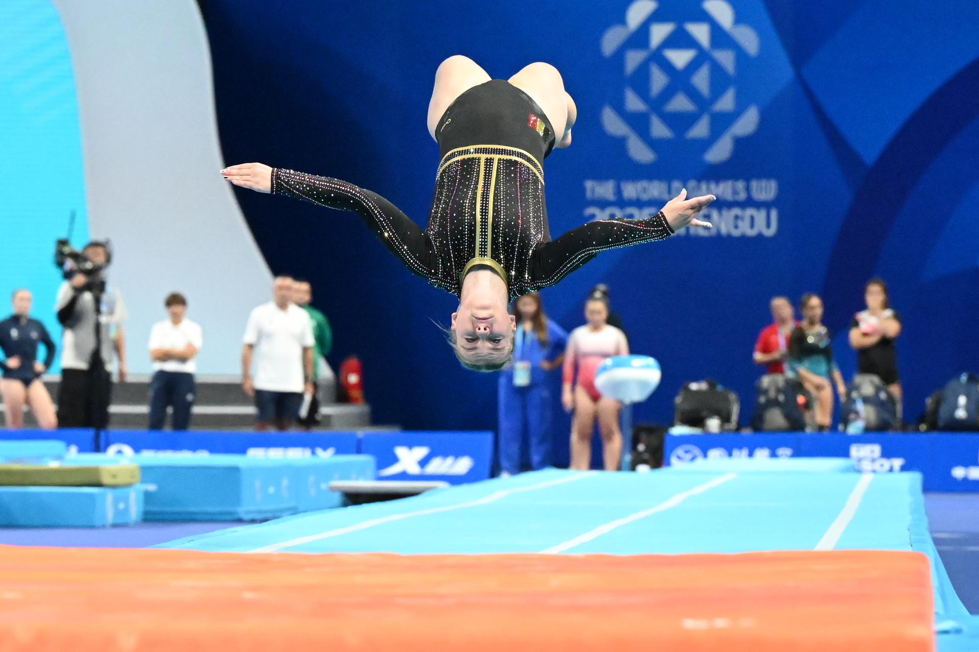 ATTENTION EDITORS - HANDOUT PICTURE - EDITORIAL USE ONLY - MANDATORY CREDIT BOIC - COIB - Lani Spiessens pictured in action during the Trumbling competition of the World Games 2025, in Chenghdu, China, on Saturday 9 AUgust 2025. This year, the World Games take place from 07 to 17 augustus. PHOTO HANDOUT BOIC - COIB