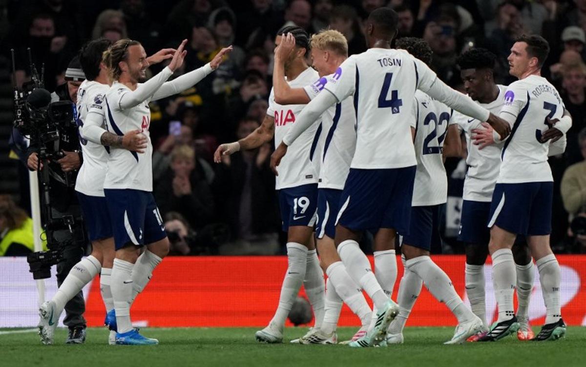 Tottenham Hotspur's English midfielder #10 James Maddison (2L) celebrates scoring the opening goal during the English Premier League football match between Tottenham Hotspur and Coventry City at the Tottenham Hotspur Stadium in London, on October 19, 2026. Ben Stansall / AFP