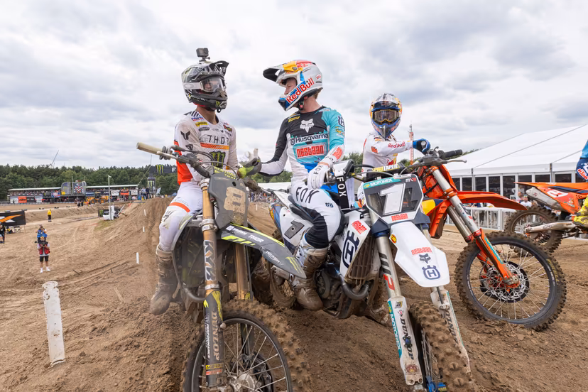South Africa's Camden McLellan , the Netherlands' Kay de Wolf and Belgium's Sacha Coenen are pictured after the motocross MX2 Grand Prix Flanders, race 15/20 of the FIM Motocross World Championship, Sunday 03 August 2025 in Lommel. BELGA PHOTO JONAS ROOSENS