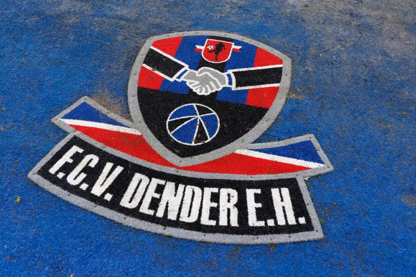 F.C.V. Dender EH logo pictured at a press conference of Jupiler Pro League club FCV Dender EH to present a new coach, Friday 27 February 2026 in Denderleeuw. BELGA PHOTO NICOLAS MAETERLINCK