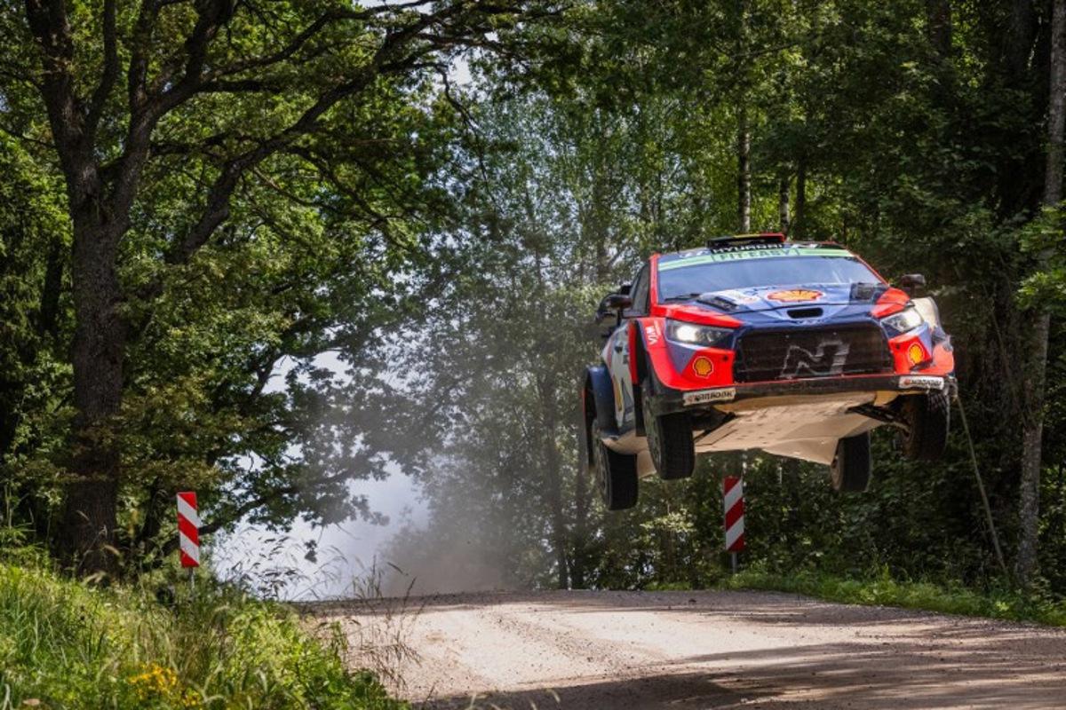 Belgian driver Thierry Neuville and co-driver Martijn Wydaeghe compete in their Hyundai i20 N during the Stage Kanepi of the Rally Estonia, eighth round of the FIA World Rally Championship in July 19, 2025 near Otepaa, Estonia. TIMO ANIS / AFP