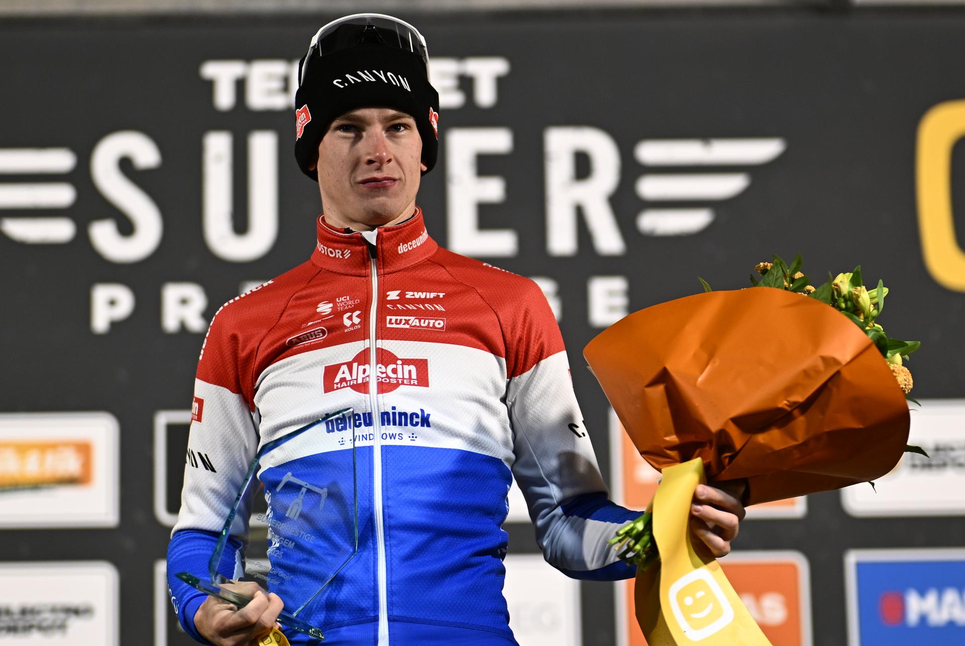 Dutch Tibor Del Grosso and pictured on the podium after winning the men elite race of Diegem Cross cyclocross cycling event, Tuesday 30 December 2025 in Diegem, stage 6/8 in the Superprestige cyclocross cycling competition. BELGA PHOTO JASPER JACOBS