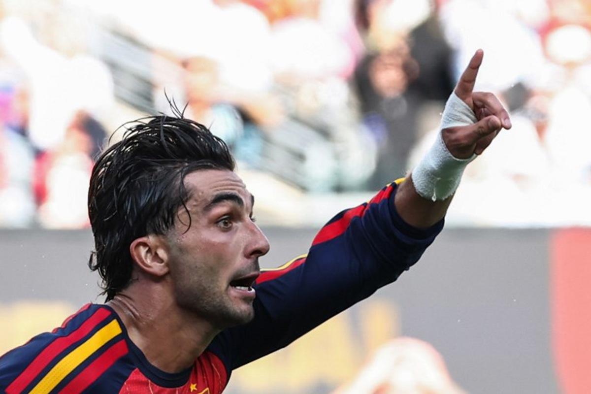 Spain's forward #07 Ferran Torres celebrates scoring his team's first goal during the 2026 World Cup football tournament final match between Spain and Argentina at the New York/New Jersey Stadium in East Rutherford on July 19, 2026. FRANCK FIFE / AFP