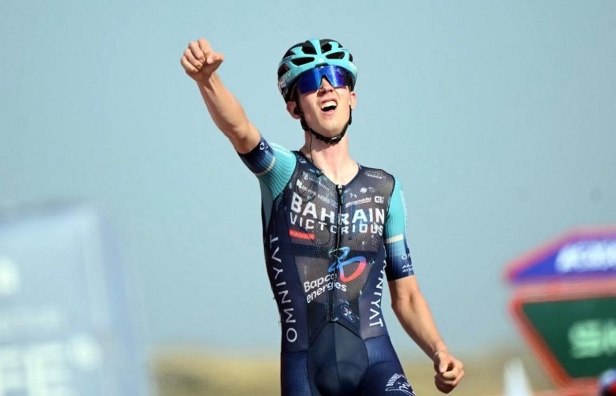 Team Bahrain's Slovenian rider Jakob Omrzel celebrates winning the 12th stage of the Vuelta a Espana 2026 cycling tour, a 166,6 km race between Vera and Calar Alto, on September 3, 2026. JOSE JORDAN / AFP