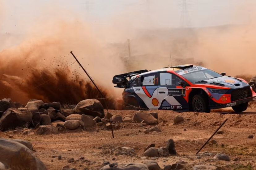 Hyundai Shell Mobis World Rally Team's Belgian driver Thierry Neuville and Belgian co-driver Martijn Wydaeghe steer their Hyundai i20 N Rally1 during the last day of the FIA World Rally Championship (WRC) in Jeddah on November 29, 2025. Fayez Nureldine / AFP