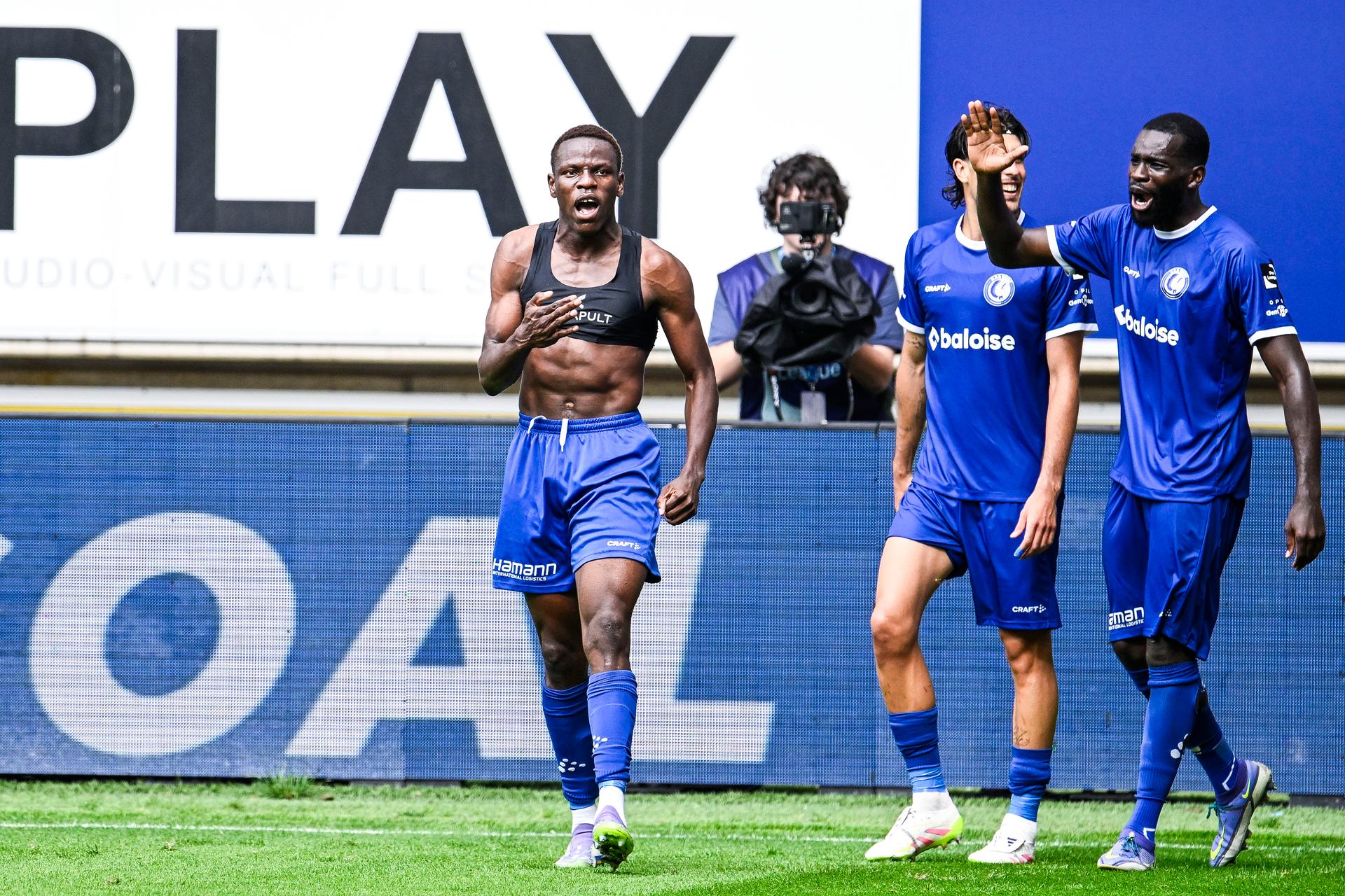 Gent's Hyllarion Goore celebrates after scoring during a soccer match between KAA Gent and CLub Brugge, Sunday 31 August 2025 in Gent, on day 6 of the 2025-2026 'Jupiler Pro League' first division of the Belgian championship. BELGA PHOTO TOM GOYVAERTS