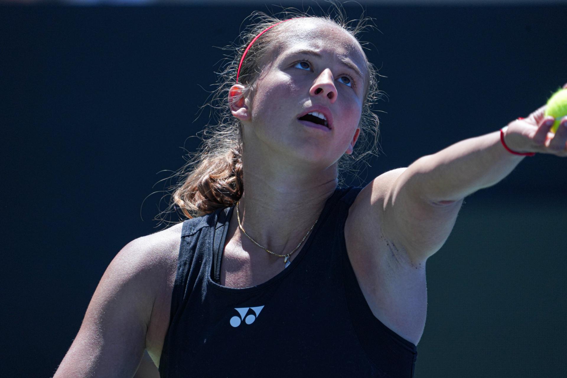 Belgian Hanne Vandewinkel pictured in action during the third match between American Pegula (WTA 5) and Belgian Vandewinkel (WTA 278) on the second day of the meeting between USA and Belgium, in the qualification round in the world group for the final of the Billie Jean King Cup tennis, in Orlando, Florida, USA, on Saturday 13 April 2024. BELGA PHOTO MARTY JEAN LOUIS
