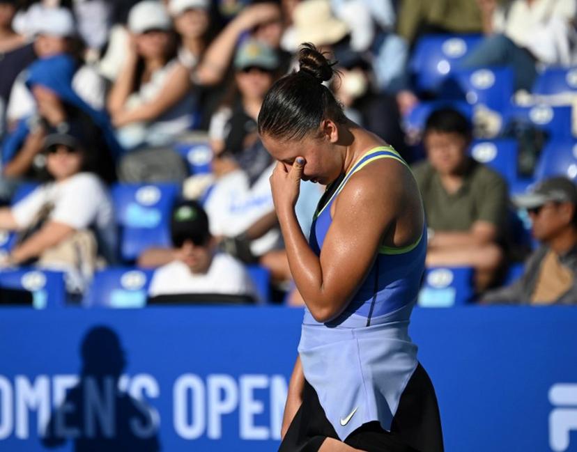Sofia Costoulas of Belgium reacts after losing a point in the women's singles against Tatiana Prozorova of Russia at the Philippine Women's Open tennis tournament in Manila on January 29, 2026. Ted ALJIBE / AFP
