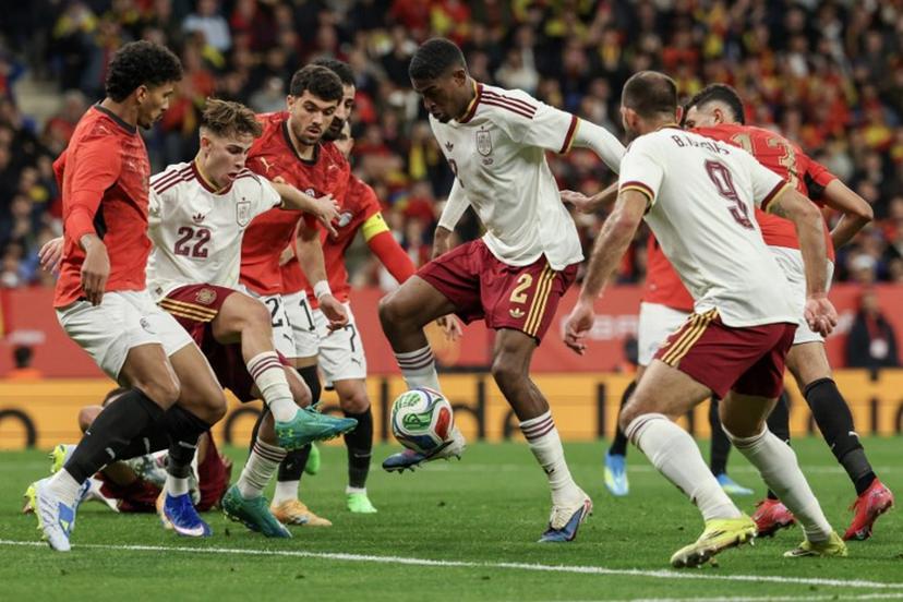 Spain's defender #02 Christhian Mosquera (C) controls the ball during the international friendly football match between Spain and Egypt at RCDE Stadium in Cornella de Llobregat, near Barcelona, on March 31, 2026. Lluis GENE / AFP