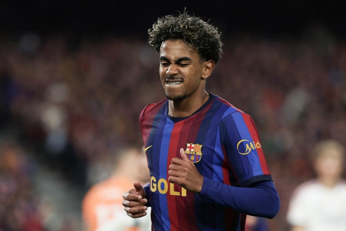 Barcelona's Spanish forward #10 Lamine Yamal reacts during the Spanish league football match between FC Barcelona and Real Madrid CF at Camp Nou Stadium in Barcelona on October 25, 2026. Lluis GENE / AFP