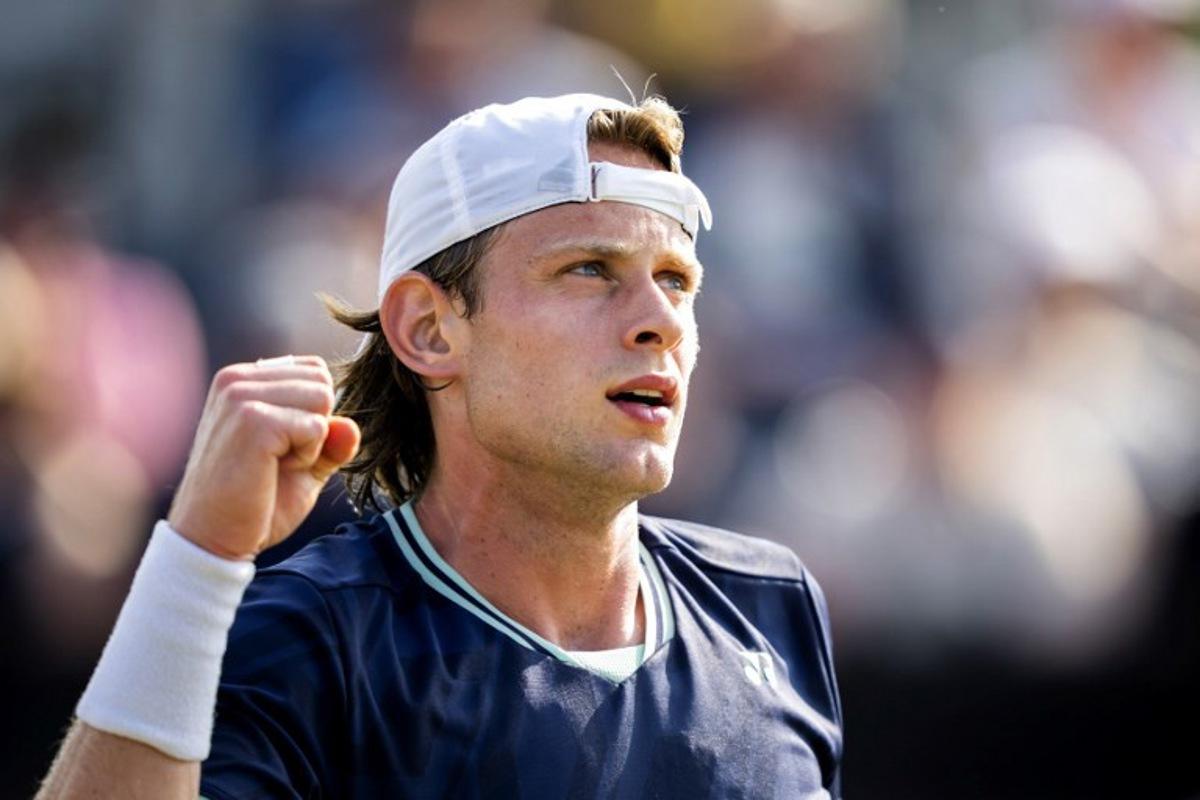 Belgium's Zizou Bergs reacts after winning a point against Estonia's Mark Lajal during their ATP Hertogenbosch open quarter final match against at the Autotron in Rosmalen, on June 13, 2025. Sander Koning / ANP / AFP
