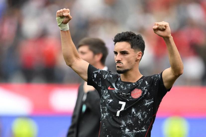 Canada's midfielder #07 Stephen Eustaquio celebrates after winning the 2026 World Cup round of 32 football match between South Africa and Canada at the Los Angeles Stadium in Inglewood on June 28, 2026. Patrick T. Fallon / AFP