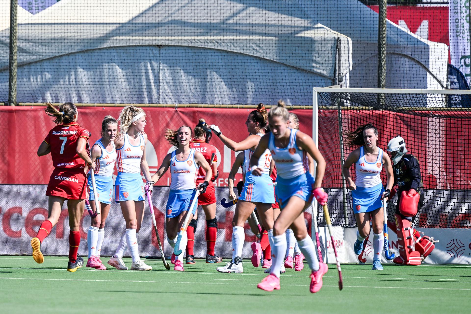 Netherlands' Yibbi Jansen celebrates after scoring during a hockey game between Belgian national team Red Panthers and The Netherlands, match 16/16 in the group stage of the 2025 women's FIH Pro League, Sunday 29 June 2025 in Antwerp. BELGA PHOTO TOM GOYVAERTS
