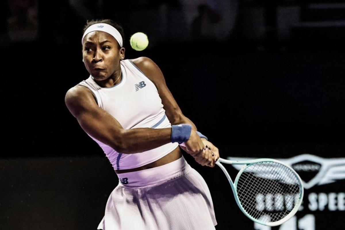 USA's Coco Gauff hits a return against Italy's Jasmine Paolini during their tennis match at the WTA Finals in Riyadh on November 4, 2025. Fayez NURELDINE / AFP