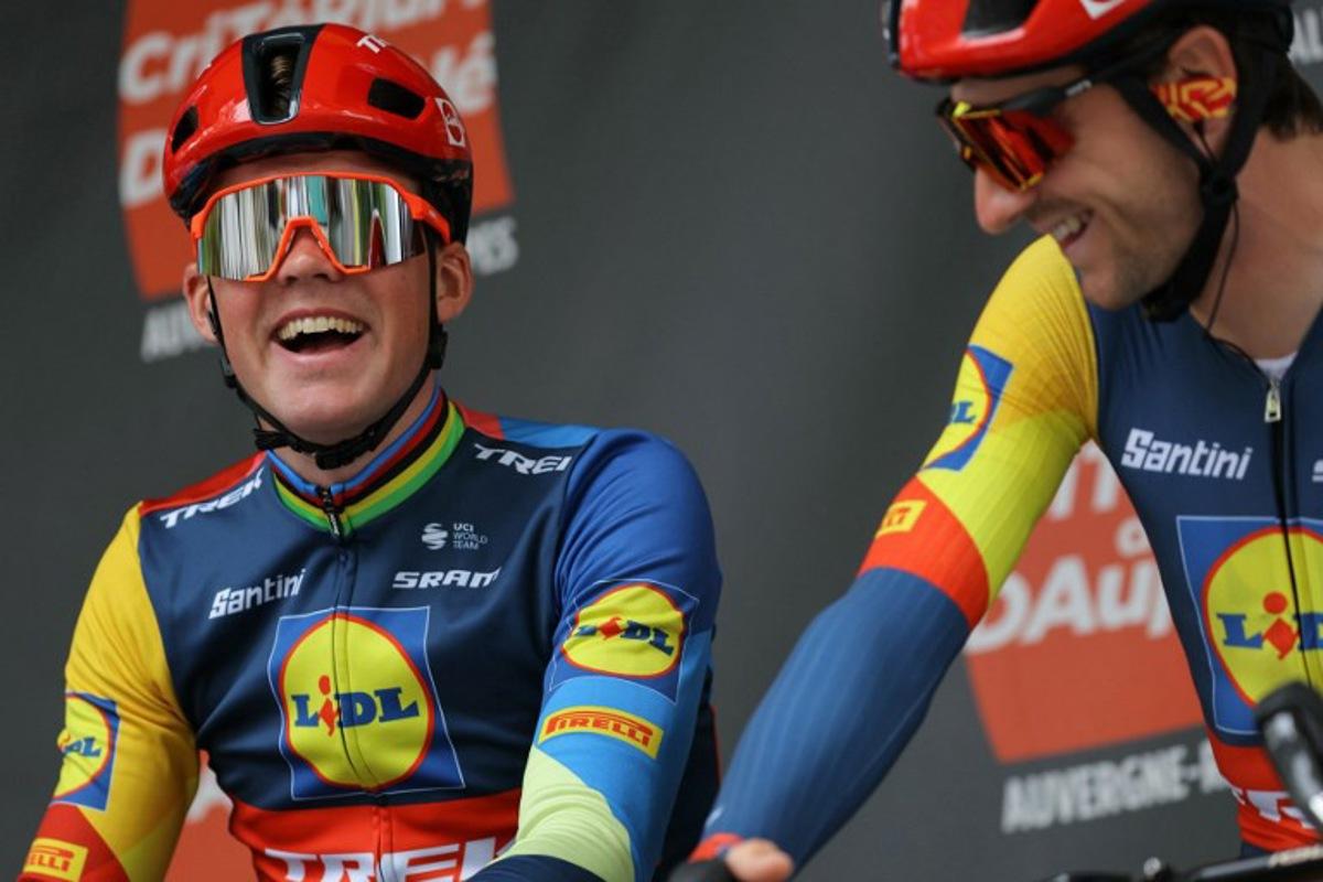 Team Lidl-Trek's Danish rider Mads Pedersen (L) and Team Lidl-Trek's Italian rider Giulio Ciccone react before competing in the first stage of the 76th edition of the Criterium du Dauphine cycling race, 172,5km between Saint-Pourcain-sur-Sioule and Saint-Pourcain-sur-Sioule, central France, on June 2, 2024. Thomas SAMSON / AFP