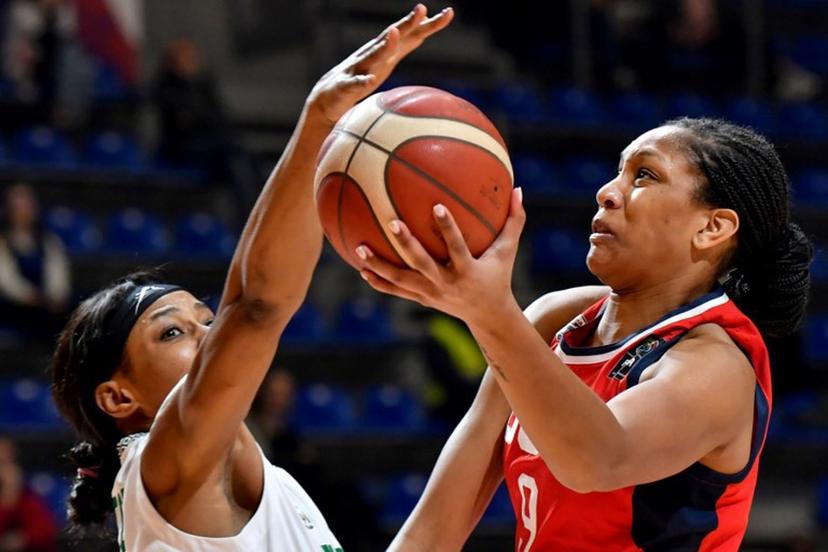 United States' AJa Wilson (R) vies with Nigeria's Evelyn Akhator during the FIBA Women's Olympic Qualifying Tournament match between Nigeria and USA, on February 9, 2020, in Belgrade. ANDREJ ISAKOVIC / AFP