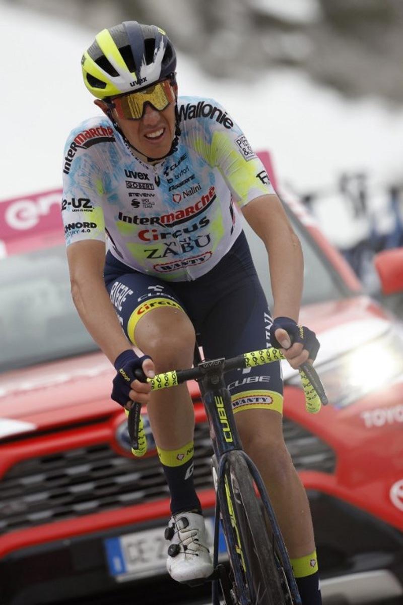 Intermarche - Circus - Wanty's Italian rider Simone Petilli cycles in the last meters on his way to finish third of the seventh stage of the Giro d'Italia 2023 cycling race, 218 km between Capua and Gran Sasso d'Italia, on May 12, 2023. Luca BETTINI / AFP