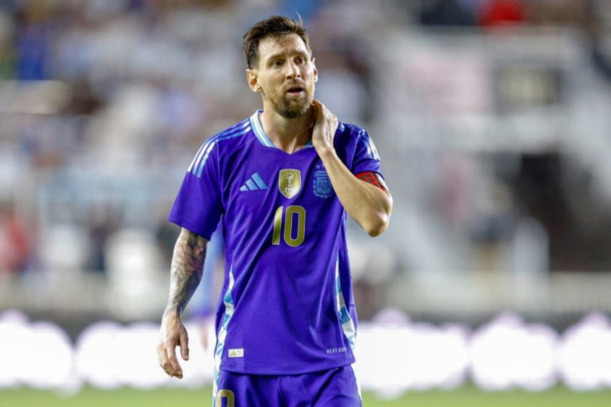 Argentina's forward #10 Lionel Messi reacts during the international friendly football match between Argentina and Puerto Rico at Chase Stadium in Fort Lauderdale, Florida, on October 14, 2025. Chris Arjoon / AFP