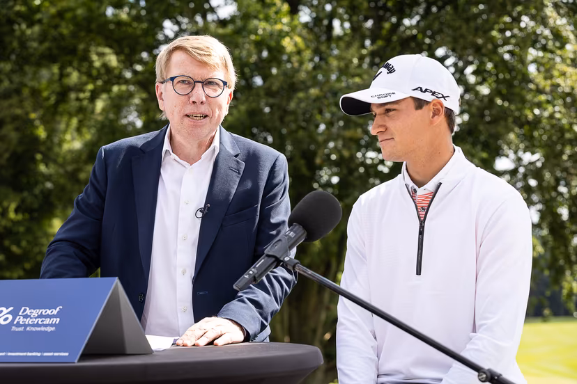 Degroof-Petercam ceo Hugo Lasat and Belgian golfer Adrien Dumont de Chassart pictured during a press moment of Belgian golfer Dumon de Chassart, at the Royal Waterloo Golf Club, in Lasne, Thursday 06 July 2023. The layer is also announcing his new cooperation with Degroof Petercam. BELGA PHOTO JAMES ARTHUR GEKIERE