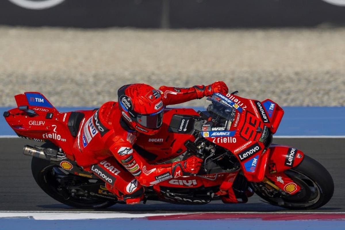 Ducati Lenovo's Spanish rider Marc Marquez takes part in the free practice session of the Qatar MotoGP Grand Prix at the Lusail International Circuit in Lusail, north of Doha, on April 11, 2025. Karim JAAFAR / AFP