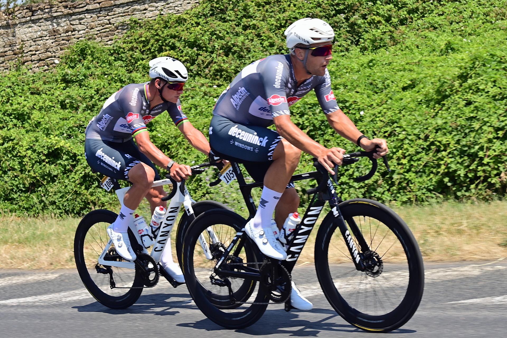 Belgian Jonas Rickaert of Alpecin-Deceuninck and Dutch Mathieu van der Poel of Alpecin-Deceuninck pictured in action during stage nine of the 2025 Tour de France cycling, from Chinon to Chateauroux (170 km), on Sunday 13 July 2025 in France. The 112th edition of the Tour de France starts on Saturday 5 July in Lille, France, and will finish in Paris, France on the 27th of July. BELGA PHOTO POOL POOL PETE GODING
