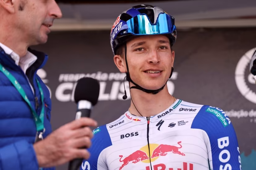 UCI WorldTeam Red Bull-Bora-Hansgrohe German cyclist Florian Lipowitz is pictured during the team presentation, ahead of the first stage of the 52nd edition of the Volta ao Algarve, a 183.5 km race between Vila Real de Santo Antonio and Tavira on February 18, 2026. João Matos / AFP