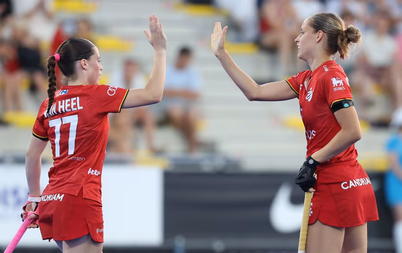 Belgium's Famke Van Heel and Belgium's Louise Dewaet pictured during a hockey game between Belgian national team Red Panthers and Australia, Tuesday 23 June 2026 in Wavre, match 13/16 in the group stage of the women's FIH Pro League competition. BELGA PHOTO VIRGINIE LEFOUR