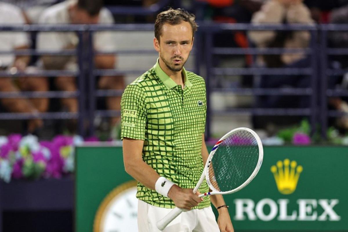 Russia's Daniil Medvedev reacts during his men's singles semi-final match against Canada's Felix Auger-Aliassime at the Dubai Duty Free Tennis tournament in Dubai on February 27, 2026. Fadel SENNA / AFP