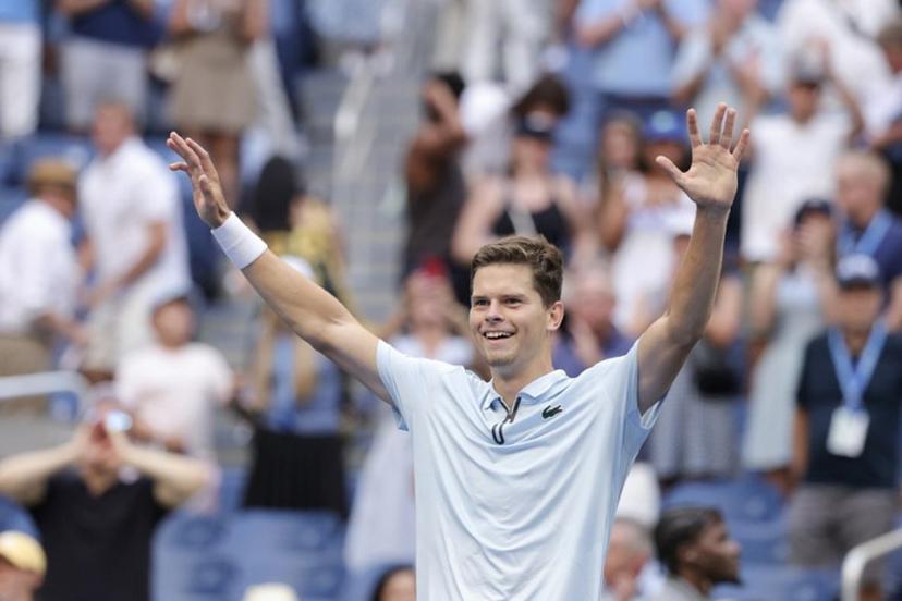 Belgium's Alexander Blockx celebrates defeating Argentina's Francisco Cerundolo in their men's singles round of 16 tennis match on day nine of the US Open tennis tournament at the USTA Billie Jean King National Tennis Center in New York on September 7, 2026. KENA BETANCUR / AFP