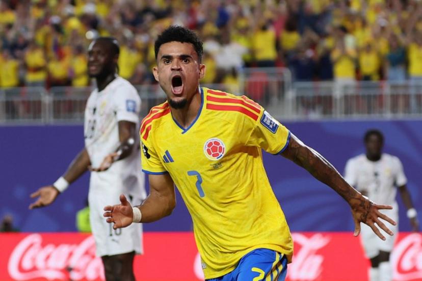 Colombia's forward #07 Luis Diaz celebrates after midfielder #11 Jhon Arias (unseen) scores the first goal during the 2026 World Cup round of 32 football match between Colombia and Ghana at the Kansas City Stadium in Kansas City on July 3, 2026. Odd ANDERSEN / AFP