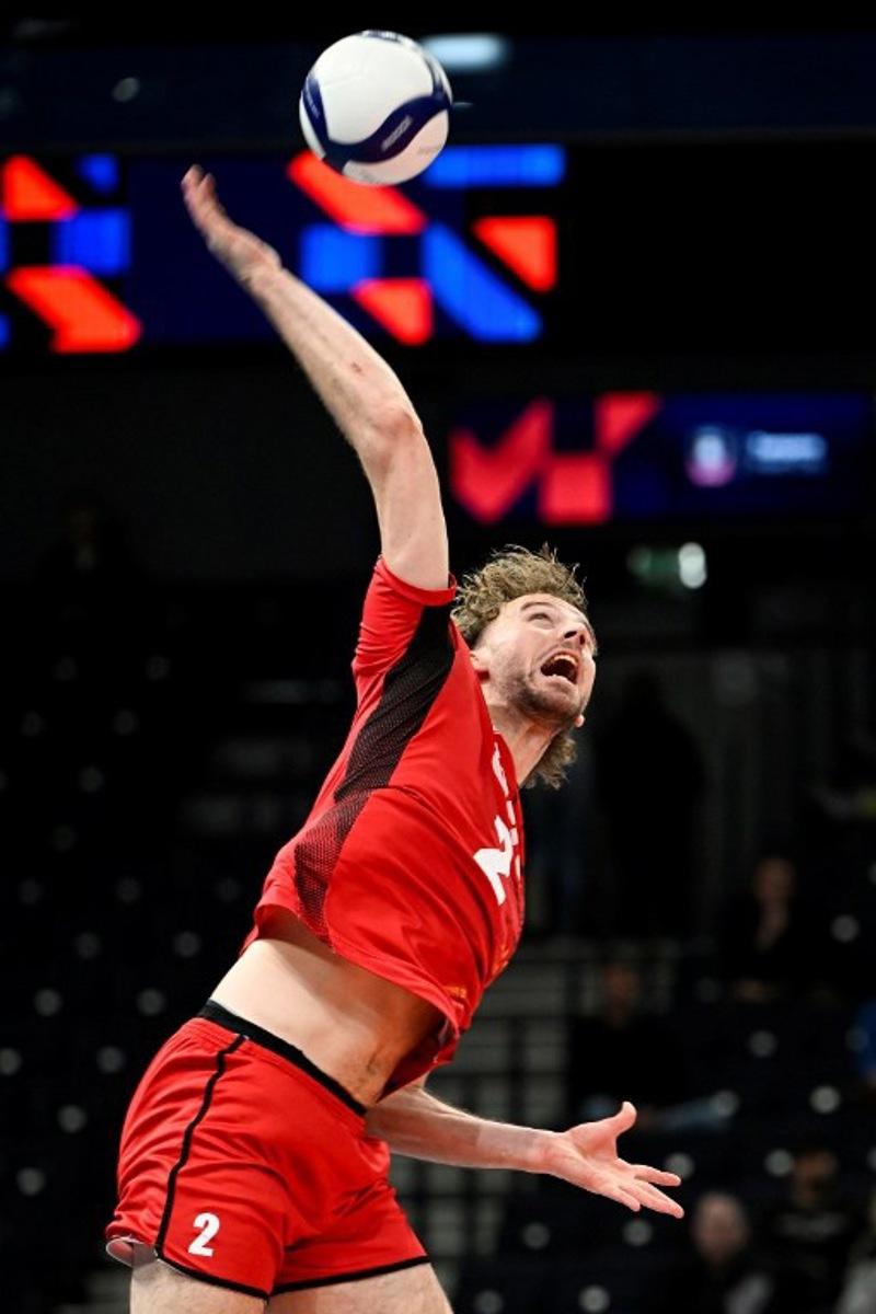 Belgium's Ferre Reggers plays the ball during the Men's EuroVolley 2026 Pool C match Serbia vs Belgium in Tampere, on September 17, 2026. Team Belgium won the match. Emmi Korhonen / Lehtikuva / AFP