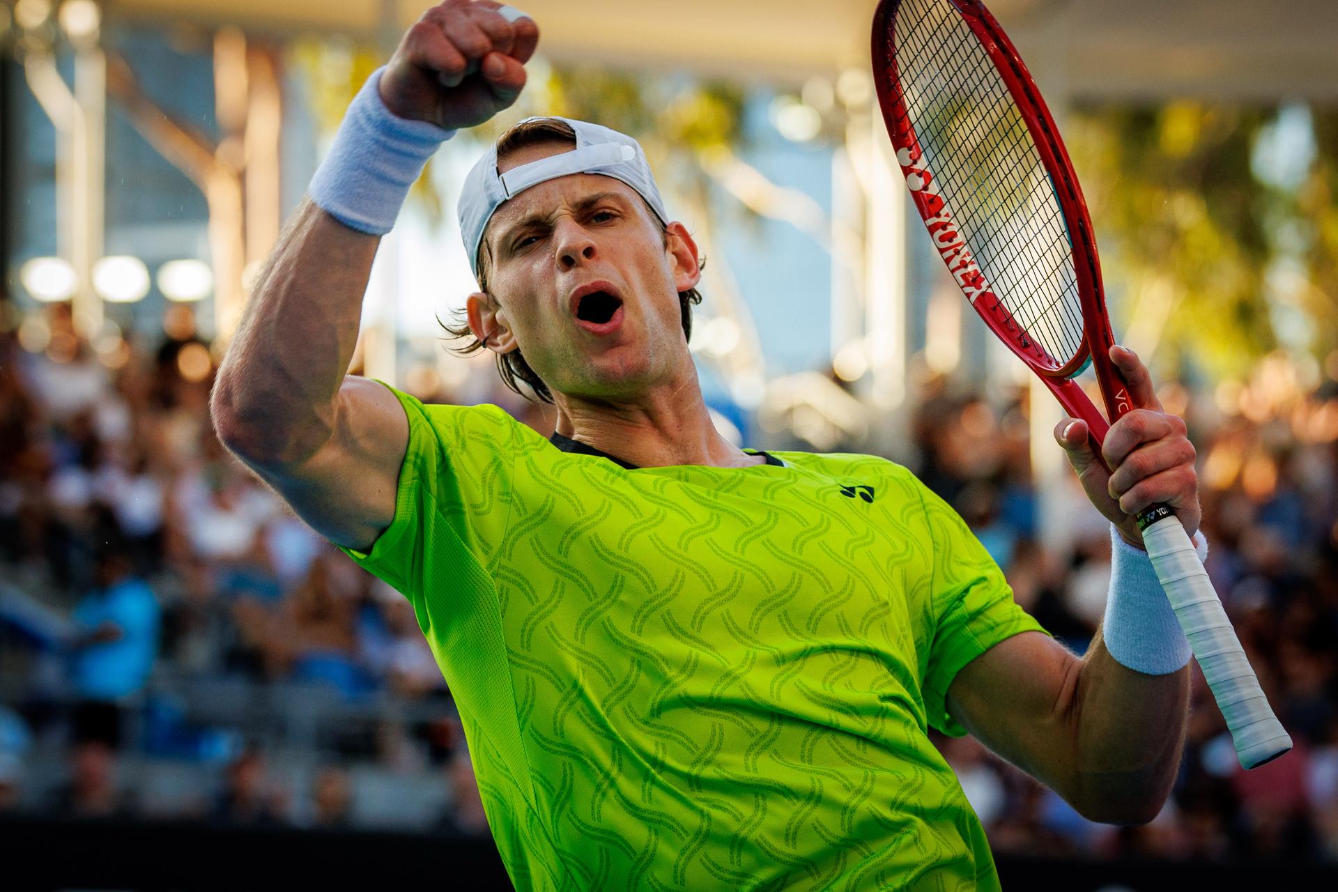 Belgium's Zizou Bergs (ATP 43) pictured in action during a first round match against Poland's Hurkacz (ATP 55) in the men singles at the Australian Open, Melbourne Park, Melbourne on Tuesday 20 January 2026. BELGA PHOTO PATRICK HAMILTON --- BENELUX ONLY ---