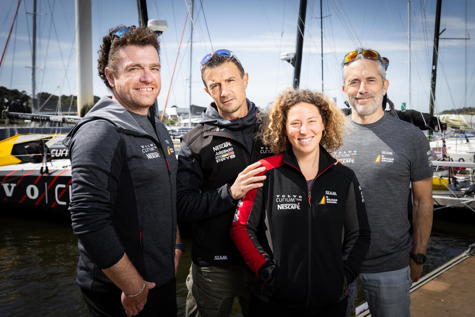 ATTENTION EDITORS - HAND OUT PICTURES - EDITORIAL USE WITH STORY ON JONAS GERCKENS AND HIS BOAT THE 187 VOLVO/CURIUM ONLY - MANDATORY CREDIT VINCENT OLIVAUD - xxx Hand out pictures released on Tuesday 30 April 2024 by Jonas Gerckens, shows undated picture of Jonas Gerckens and his team member Renaud Dehareng, Djemila Tassin and Corentin Douguet near the 187 Volvo/Curium sailing ship of Belgian skipper Jonas Gerckens. Gerckens and his team will participate in the Transat Quebec Saint-Malo in June-July 2024. HAND OUT - JONAS GERCKENS