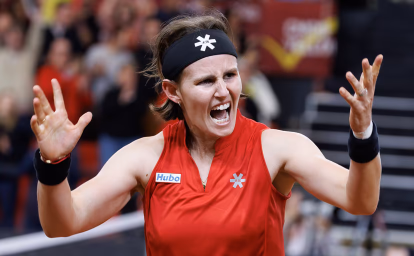 Belgian Greet Minnen celebrates winning her match the fourth game between Belgian Minnen and US' Jovic on the second day of the qualifiers of the Billie Jean King Cup tennis between Belgium and the USA, in Oostende, Belgium, on Saturday 11 April 2026. The meeting takes place on 10 and 11th April. PHOTO BENOIT DOPPAGNE
