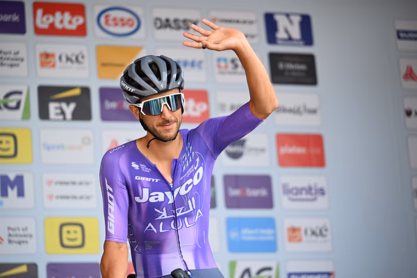 Belgian Dries De Bondt of Team Jayco-AIUIa pictured at the start of the men's elite race (240km) of the Belgian Cycling Championships, from the Grote Markt square in Antwerp to Brasschaat on Sunday 28 June 2026. BELGA PHOTO MAARTEN STRAETEMANS