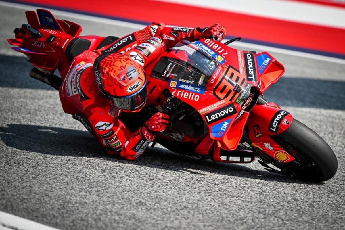 Ducati Lenovo team's Spanish rider Marc Marquez drives during the second free practice session ahead of the Austrian MotoGP Grand Prix at the Red Bull Ring race track in Spielberg, Austria, on August 16, 2025. Jure Makovec / AFP